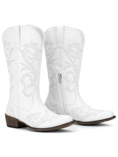 White  Collar     Embellished   Women Shoes White Embroidered Boots For Winter, White Embroidered Western Boots, White Embroidered Pointed Toe Boots, White Embroidered Boots For Fall, White Embroidered Snip Toe Boots, White Embroidered Round Toe Boots, White Fitted Mid-calf Boots With Snip Toe, Casual Embroidered Snip Toe Boots, Square Toe Cowgirl Boots