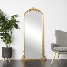 a large gold framed mirror next to a chair and potted plant on the floor