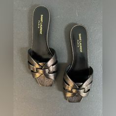 Saint Laurent Tribute Sandals Brand New (Without Tags) 100% Authentic Size 38 Exact Color Is Nero + Gun Metal No Dust Bags Comes With Box & Card Please Ask Any Additional Questions Flat Evening Sandals With Leather Sole, Designer Flat Sandals For Formal Occasions, Evening Flat Sandals With Padded Heel, Designer Flat Heel Party Mules, Designer Flat Heel Mules For Party, Designer Party Mules With Flat Heel, Designer Sandals With Padded Flat Heel, Luxury Flat Heel Mules For Party, Beautiful Wardrobe