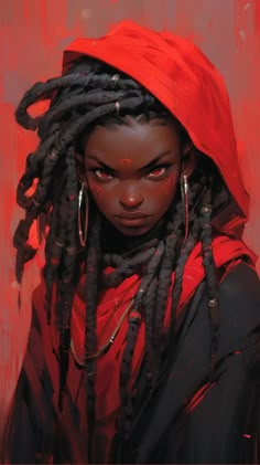 a painting of a woman with dreadlocks wearing a red hoodie and hoop earrings