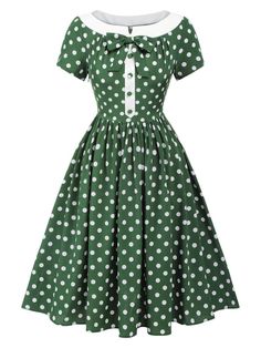 Green Retro Vintage Dress, Classic Green Dress With Buttons, Green Retro Vintage Dress With Short Sleeves, Green Knee-length Vintage Dress, Retro Green Dress With Buttons, Green Knee-length Vintage Dress For Vintage Fashion, Classic Green Dress With Button Closure, Green Polka Dot Dress, Bowknot Dress