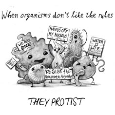 an image of some cartoon animals holding protest signs and saying, when organics don't like the rules they protistt