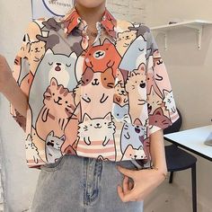 Cat Clothes For Women, Summer Cotton Shirt With Cat Design, Multicolor Cat Print Tops For Summer, Summer Multicolor Cat Print Tops, Harajuku Style Multicolor Summer Tops, Summer Multicolor Harajuku Tops, Spring Kawaii Cat Design Tops, Casual Summer Shirt With Cat Design, Trendy Multicolor Cartoon Print Shirt