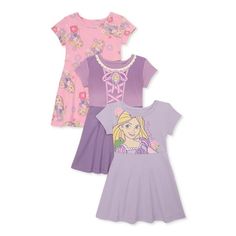 This Disney Rapunzel Dress takes her admiration for Rapunzel from Tangled and multiplies it by three. This money-saving three-pack add triple the fun to her day. Casual Rapunzel print and graphic print dresses are ideal for everyday occasions and school days. The Rapunzel cosplay dress is destined to be a go-to when shes watching the movie or playing dress-up. Size: 18 Months.  Color: Purple.  Gender: female.  Age Group: toddler. Rapunzel Dresses, Rapunzel Cosplay, Rapunzel Dress, French Terry Dress, Disney Princess Rapunzel, Graphic Print Dress, Girls Tulle Dress, Disney Toddler, Disney Princess Belle