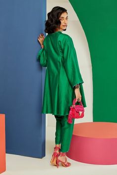 Buy Green Chanderi Notched Fauve Flared Kurta And Tulip Pant Set For Women by Ridhi Mehra Online at Aza Fashions. Potli Button, Tulip Pants, Ridhi Mehra, Cotton Kurti Designs, Cotton Kurti, Straight Kurta, Women Kurta, Lace Border, Print Placement