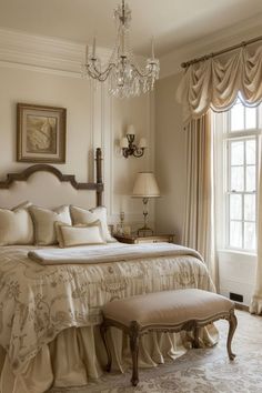 a bedroom with a large bed and chandelier