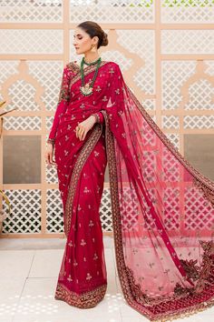 Embellished Bridal Wedding Dress in Red Saree Style is a breathtaking attire that is perfectly stitched. Lavish quality of the fabric and premium designs make this Bridal Dress an epitome of beauty and your foremost priority to have a head-turning look on the big day. Embellished Blouse: The beautiful blouse in premium raw silk fabric is perfectly stitched and it gives the Saree Dress a traditional look. Hand-crafted details of dabka, sequins, and kundan give a traditional touch to this blouse. Bridal Dresses Pakistani, Nameera By Farooq, Outfits Asian, Wedding Dresses Pakistani, Classic Saree, Dresses Pakistani, Raw Silk Fabric, India Style, Saree Style