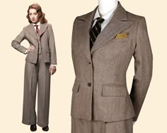 "Your search for the perfect vintage ladies suit has finally come to an end. Wide peaked lapels and slightly emphasized shoulders provide for sharp masculine accents that complete excellently the womanly curves of this jacket. It is masterfully fitted with superbly placed darts and hugs your female curves like a dream! Delicate details like the two welt pockets with pocket flaps and a chest pocket provide room for a pocket square to refine the look even further. Paired with the matching high-wai 1920s Office Fashion, 1920s Womens Suit, Women In Suits Vintage, Vintage Notch Lapel Tweed Jacket For Office, Vintage Tweed Jacket With Notch Lapel For Office, Vintage Tweed Jacket With Herringbone Pattern For Work, Vintage Brown Tweed Jacket For Office, Vintage Winter Suits For Office, Vintage Brown Tweed Office Jacket