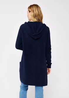 An ultra warm and cozy mid-length hooded cardigan in navy. Fuzzy texture Relaxed fit Long sleeve Mid-length Hooded Open front Patch pockets Women's fall cardigan Dry clean only Embrace all the cozy vibes in this ultra-soft long cardigan - your new Fall favorite! This versatile layering piece features an open front, a comfy hoodie, long sleeves, and convenient patch pockets. You'll find yourself reaching for this easy fit style all season long. Model is 5'7.5, wearing a size S.Style: I-51072K-SLQ Navy Hooded Jacket For Fall, Cozy Warm Hooded Sweater Coat, Cozy Hooded Sweater Coat For Cold Weather, Navy Hoodie For Fall Loungewear, Cozy Hooded Sweater Coat, Blue Winter Cardigan For Loungewear, Soft Knit Hooded Outerwear For Cold Weather, Cozy Blue Outerwear For Loungewear, Comfy Winter Hooded Jacket For Loungewear