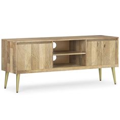 the sideboard is made out of wood and has two open compartments on one side