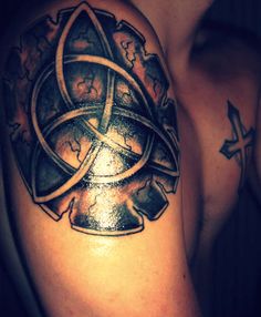 a man's arm with a tattoo on it and an image of a cross in the middle