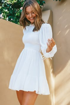 Shop the Secret Garden Long Sleeve Smocked Bodice Dress White | Selfie Leslie French Dresses, Confirmation Dresses, Long Sleeve Ruffle Dress, Garden Dress, Bodice Dress, Graduation Dresses, Grad Dresses, Smocked Dress, Short Mini Dress