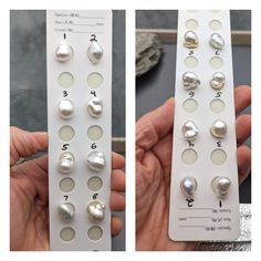 two pictures of different types of pearls being held by someone's hand, one is white and the other is silver