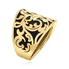 Ross-Simons - Italian Black Enamel and 14kt Yellow Gold Scrollwork Ring Size 8. Bold beauty! This gorgeous ring from Italy presents a fanciful display of black enamel designs in satin and polished 14kt yellow gold. 3/4" wide. Black enamel and 14kt yellow gold ring. Gold Wave Ring, Diamond Ring Cuts, Triple Hoop Earrings, Interlocking Ring, Knot Stud Earrings, Gold Waves, Textured Ring, Natural Gold, Black Onyx Ring