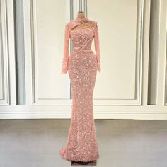 Rose Gold Prom Dress Long Sleeve, Pink Dress With Stones, Prom Dresses Sequence, Long Sleeve Prom Dresses 2023, Pink Long Sleeve Dress Formal, Pink Prom Dresses Long Sleeve, Classy Prom Dresses Long Sleeve, Mermaid Dress Pink, Floor-length Evening Mermaid Dress For Prom