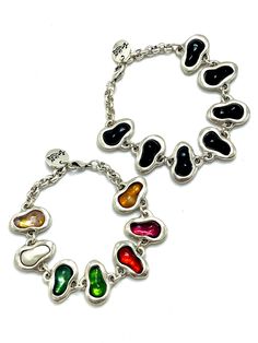 Tra-La-Rá Art Bracelet Made in Spain Length: 7.5” - Material: Silver plated zamac Metal Oyster Bracelet Jewelry For Party, Party Jewelry Metal Oyster Bracelet, Nickel Free Multicolor Metal Bracelets, Multicolor Nickel Free Metal Bracelets, Multicolor Metal Chain Bracelet, Black Enamel Metal Bracelet, Black Enamel Metal Bangle, Adjustable Black Enamel Modern Bracelets, Elegant Multicolor Metal Chain Bracelet