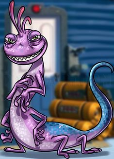 a purple dragon sitting on top of a floor next to a pile of suitcases