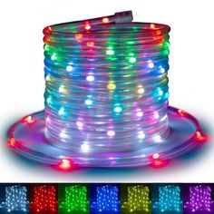 multicolored led rope lights are shown in different colors and sizes, along with the color