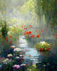 an oil painting of flowers and water