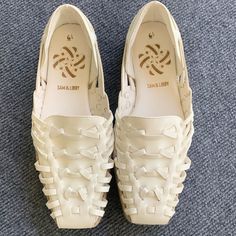 Brand New Perfect Condition White Leather Summer Flats, White Leather Flats For Summer, Cream Flats With Woven Sole For Summer, White Summer Flats With Rubber Sole, Almond Toe Sandals With Textured Sole For Spring, White Closed Toe Flats With Woven Sole, Summer Huarache Sandals With Textured Sole, Summer Flats With Almond Toe, White Closed Toe Sandals With Woven Sole