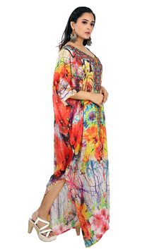 silk caftan for women Imperial Art of Floral Print on long Silk Kaftan for short women without Beads beach party caftan Warmth of Flowers is what we admire on holidays right!!! To enjoy the fragrance of happiness, drape this colorful printed kaftan and feel luminosity. ONE SIZE FIT ALL KAFTAN ( Small to 8XL) Regular kaftan length is 51" ( 130 cm ). (change in kaftan length is possible Please let us know via email or put buyer note after purchase) Material: 100% SilkQuality: Excellent (Best Quali Silk Caftan, Kaftan Tops, Printed Kaftan, Beach Caftan, Resort Wear Beach, Silk Kaftan, Short Women, Silk Dress Long, Caftan Dress