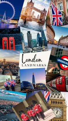 london landmarks collage with the british flag and famous buildings in england, united kingdom