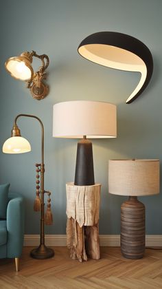 Collection of Dream House Decor featuring mixed lighting styles - modern curved sconce, vintage floor lamp with tassels, and contemporary table lamps with natural wood and textured bases. Bold Lampshades, Designer Lampshades, Pink Lampshades, Lampshades Ideas, Bold Statements, Lampshades, Ideas Home