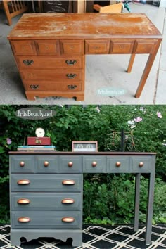 an old dresser turned into a desk with copper knobs