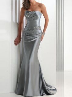 Mermaid Dress Elegant Red Green Wedding Guest Formal Evening Dress Strapless Sleeveless Sweep / Brush Train Satin with Crystals  dress to impress 2024 2024 - $130.99 Silver Prom Dress, Silver Evening Dress, Black Bridesmaid, Ruffle Beading, Strapless Evening Dress, Satin Evening Dresses, Chanel Couture, Evening Gowns Elegant, Gray Weddings