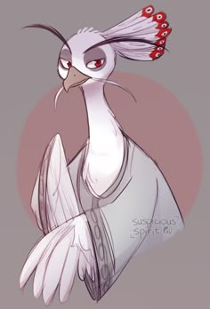 a drawing of a bird with red eyes