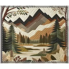 a quilt with trees and mountains in the background