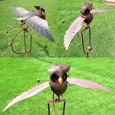 three metal birds sitting on top of green grass