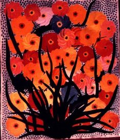 an abstract painting of flowers in red and orange