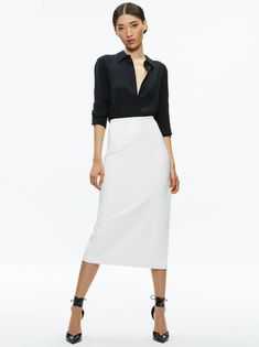 Maeve Vegan Leather Midi Skirt In Off White | Alice And Olivia Chic Midi Dress With Lined Skirt, Fall Night Out Midi Pencil Skirt, Sleek Midi Skirt, Chic Midi Pencil Skirt For Date Night, Chic Midi-length Skirt For Date Night, Midi Pencil Skirt For Date Night In Fall, Versatile Midi Length Skirt For Day Out, Chic Midi Skirt For Night Out, Chic Midi Skirt For Date Night