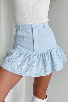 100% COTTON Model Wearing Size Small Color: Ice Blue Cotton Twill Denim Zipper Fly Front Pockets Ruffled Eyelet Hem Mini Length Skirt Does Not Have Stretch 14.5" Waistline To Hemline For Model Size Specs Please Check Size Charts Launched: 4/7/24 Denim Blue Mini Bottoms For Spring, Denim Blue Mini Denim Skirt For Day Out, Chic Denim Blue Skort For Summer, High Waist Light Wash Cotton Mini Skirt, Denim Blue Skort With Pockets For Spring, Chic Denim Skort For Spring, Spring Short Denim Skirt For Day Out, Denim Blue Mini Skirt For Day Out, Denim Blue Cotton Skort For Spring