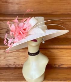 "✿*.Key Features.*✿ This is a wide brim hat with same color bow, quills and one or two tones feather Flower, very elegant and beautiful. It's a custom-made hat. If you want different color hat base, please contact Anna. Great for Kentucky derby, weddings, church, Easter, Royal Ascot, horse races, cocktails, tea party, or any hat wearing occasion. Hat base size: From front to back: 17.75\" (45cm) From left to right: 19\" (48cm) Wide brim Appr: 5.12~6.5\" Head girth: 22.5\" (57cm) , adjustable str Cream Curved Brim Fedora For Kentucky Derby, Cream Brimmed Hat Bands For Kentucky Derby, Cream Brimmed Panama Hat For Kentucky Derby, Elegant Cream Panama Hat For Kentucky Derby, Cream Wide Brim Panama Hat For Kentucky Derby, Elegant Short Brim Fedora For Wedding, Wedding Mini Hat With Feathers And Curved Brim, Wedding Fedora Straw Hat For Royal Ascot, Royal Ascot Wedding Fedora Straw Hat