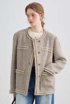 Loose Silhouette Wool Tweed Jacket - chiclara Sun Moon Lake, Lady Lady, Jacket Beige, Luxurious Fabric, Coat Fashion, Jacket Sale, Tweed Jacket, Luxury Fabrics, Sophisticated Look