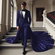 Men's Formal Suits with Floor Length Cloaks Red Banquets Wedding Groom 2 Pieces | eBay Wedding Dresses Ideas For Men, Prince Groom Suit, 90s Prom Suit, Cobalt Blue And Orange Wedding, Weird Wedding Themes, Wedding Suit With Train, Whimsical Wedding Suit, Men's Suits Wedding, Elegant Blue Suit