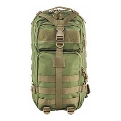 a large green backpack with straps on the front and side pockets, all in different colors