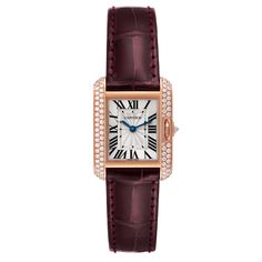 Cartier Tank Anglaise Rose Gold Silver Dial Diamond Ladies Watch WT100013. Quartz movement. 18K rose gold case 30.2 x 22.7 mm. Circular grained crown set with the diamond. Original Cartier factory diamond bezel. Scratch resistant sapphire crystal. Flinque and silvered dial with black Roman numerals. Sword shaped blued steel hands. Secret Cartier signature at X. Custom burgundy leather strap with Cartier 18K rose gold deployant buckle. Luxury Diamond Watch With Chronometer, Cartier Anniversary Watch With Rectangular Dial, Cartier Watch With Rectangular Dial For Anniversary, Cartier Luxury Diamond Watch For Formal Occasions, Luxury Cartier Diamond Watch For Formal Occasions, Cartier Luxury Formal Watch Bands, Luxury Cartier Watch Bands For Formal Occasions, Luxury Polished Watches For Anniversary, Luxury Polished Finish Watches For Anniversary