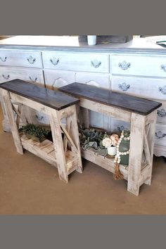 two wooden benches sitting next to each other in front of a dresser with drawers on it