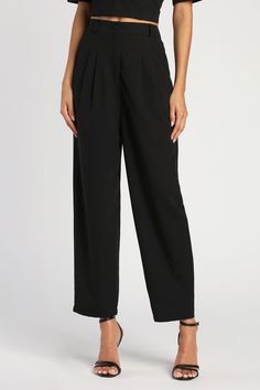 The Lulus Posh Company Black Pleated High-Waisted Trouser Pants will take your confidence levels to new heights! These dress pants are composed of woven fabric that shapes a pleated high-rise silhouette (with elastic at the back for fit), belt loops, a fabric-covered top button, and a hidden zip-fly. Relaxed, straight pant legs with side seam pockets end at ankle-length hems. Pair with the matching blazer for a complete look! Fit: This garment fits true to size. Length: Ankle length. Size medium 2 Piece Dresses, High Waisted Trouser Pants, Lulu Pants, Lulu Fashion, High Rise Pants, Pleated Pants, High Waisted Trousers, Straight Pants, New Wardrobe