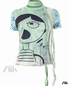 Zlily – Quirky Cartoon Character Print Slim Fit Short Sleeve Shirt Fitted Graphic Tee With Cartoon Print, Y2k Style Printed Tops For Summer, Green Graphic Print Y2k Tops, Y2k Green Graphic Print Tops, Green Y2k Graphic Print Tops, Cute Fitted Printed Top, Fitted Cartoon Print T-shirt For Summer, Fitted Graphic Print Spring T-shirt, Trendy Green Printed Top