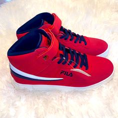 Nwt Fila Suede Like Hightop Sneakers Mns 9 901 Shoes Men Sneakers, Hightop Sneakers, Fila Shoes, Men Sneakers, Shoes Men, Mens Shoes Sneakers, High Tops, Red White, Shoes Mens