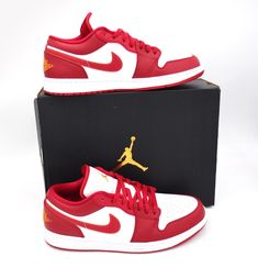 THIS AUCTION IS FOR: BRAND NEW IN THE BOX 100% AUTHENTIC. AIR JORDAN 1 LOW SHOES ''CARDINAL'' MEN'S SIZE: 11.5 COLOR:CARDINAL RED/LIGHT CURRY -WHITE PLEASE ASK ANY QUESTIONS & SEE MY  OTHER ITEMS THANKS FOR LOOKING!!! Low-top Jordan Shoes With Branded Insole And White Sole, Low-top Leather Jordan Shoes With Boost Midsole, Leather Low-top Jordan Shoes With Boost Midsole, Sporty Low-top Jordan Shoes With Rubber Sole, Jordan Lace-up Shoes With Cushioned Footbed, Jordan Shoes With Cushioned Footbed For Streetwear, Low-top Jordan Shoes For Streetwear, University Red Leather Lace-up Jordan Shoes, Leather Low-top Jordan Shoes With White Sole