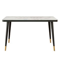 a white marble table with gold legs and a black base, against a white background