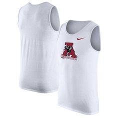 Stay cool and dry during hot weather in this Alabama Crimson Tide tank top. Made by Nike, it features sweat-wicking Dri-FIT technology and a blend of soft, durable fabrics. A vintage Alabama Crimson Tide logo printed on the chest reps your devotion to the team. White Tank T-shirt For Sports, Athleisure Tank T-shirt For Sports, Moisture-wicking Cotton Tank Top, Sporty Moisture-wicking Tank T-shirt, Sports Tank T-shirt With Moisture-wicking, Collegiate Sleeveless Breathable Tops, White Cotton Muscle Tee For Sports, Moisture-wicking Tank T-shirt For Sports, White Moisture-wicking Cotton Tank Top