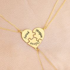 Gold Three Piece Best Friend Puzzle Necklace, BFF Gift, Matching Heart Jewelry, Silver Three Sisters Necklace, Trio Gifts How To Order : 1- Make your selections primary color and chain size. 2- Write the name or text you want in the personalization note. 3- You can see the font chart in the last photo. * This necklace is case sensitive You can change the chain model for this product by buying an extra chain from the link below; https://www.etsy.com/shop/DkmnSilverAndGold?ref=seller-platform-mcna Trio Necklace Bff, Bff Necklaces For Three, Bff Necklaces For 3, 3 Bff, Best Friend Hoodies, Font Chart, Puzzle Necklace, Sisters Necklace, Trio Necklace