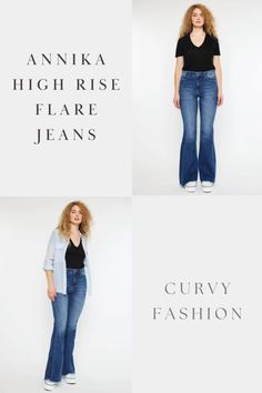 Annika High Rise Flare Jeans - Curvy by Kancan | The Ultimate Denim Shop | Premium denim meets comfort | Designed in Los Angeles. Our Annika High Rise Jeans feature a flared cut with a raw hem that gives this style a rustic look that's stylish and chic. Sits right above the natural waistline as it tapers down the thigh and begins to flare out at the calf. Made with buttery-soft, super-stretch denim, that's durable and flexible. Shop now! chic curvy jeans, curvy fit jeans, modern flare denim Elegant Jeans, Outfit Casual Jeans, Jeans Inspiration, Fall Outfit Trends, High Rise Flare Jeans, Chic And Curvy, Fall Ootd, Fall Trends Outfits, Flattering Jeans