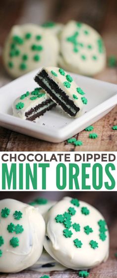 chocolate dipped mint oreos with white frosting and green sprinkles